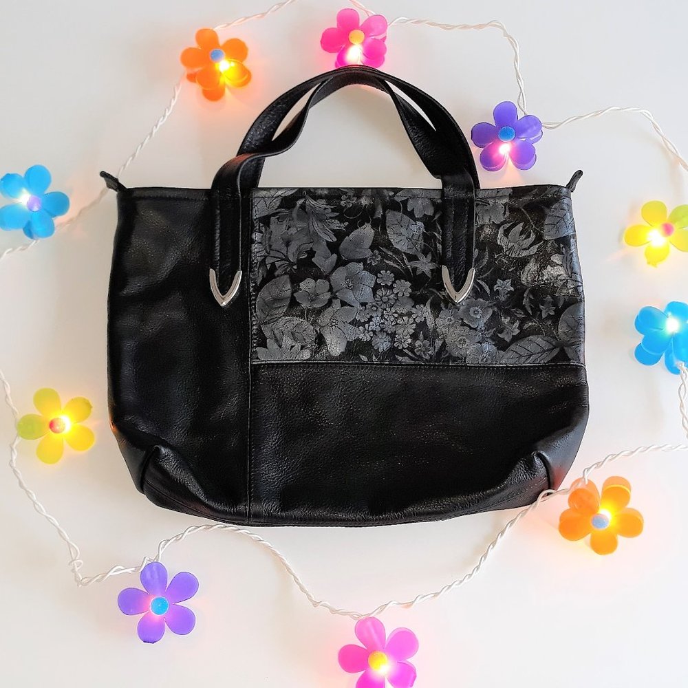 *Bamzi Bag Metallic Silver Flora Printed Black Leather Handbag Midwest